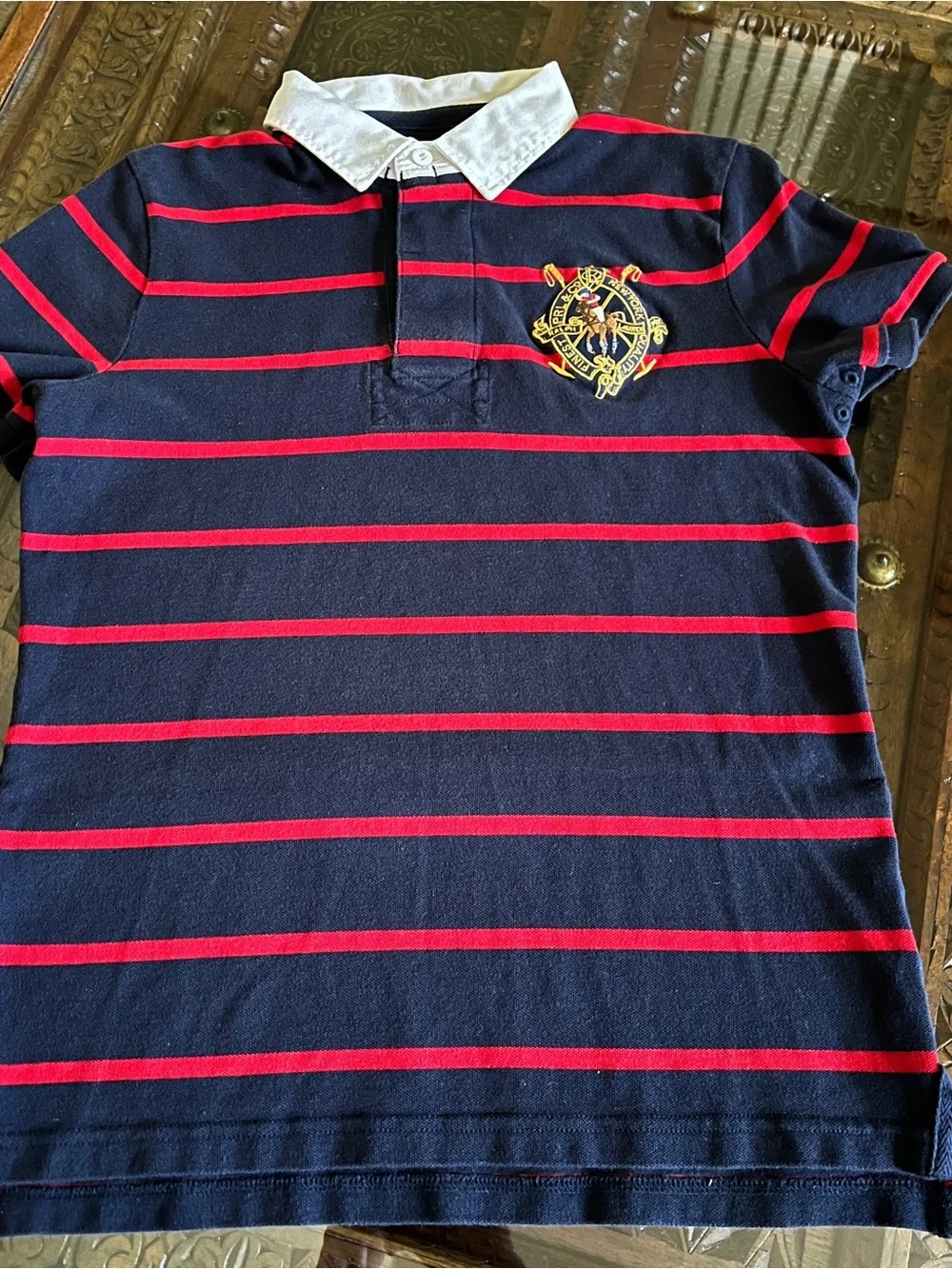 Ralph Lauren Navy & Red Striped Polo with White Collar